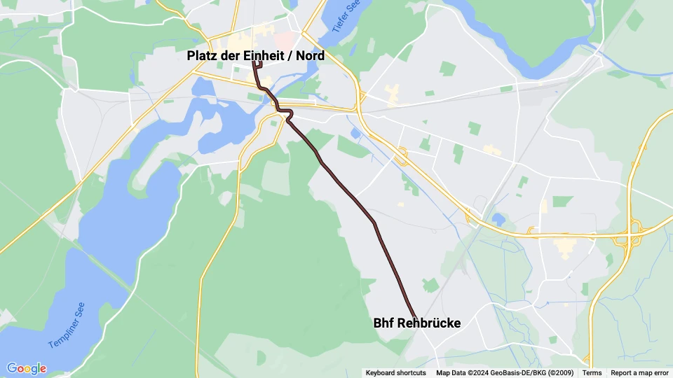 Potsdam sporvognslinje 90: Bhf Rehbrücke - Platz der Einheit / Nord linjekort