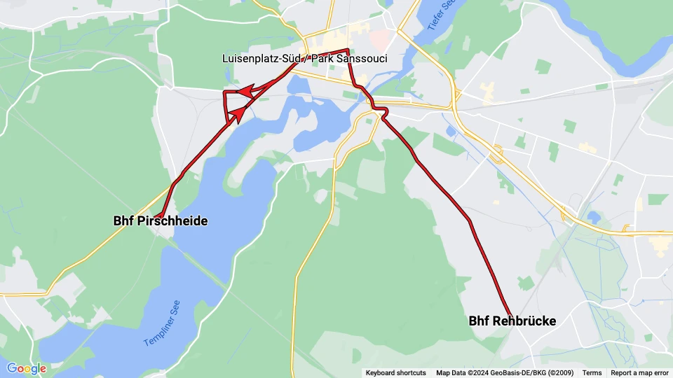 Potsdam sporvognslinje 91: Bhf Rehbrücke - Bhf Pirschheide linjekort