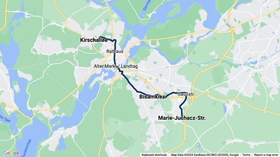 Potsdam sporvognslinje 92: Kirschallee - Marie-Juchacz-Str. linjekort
