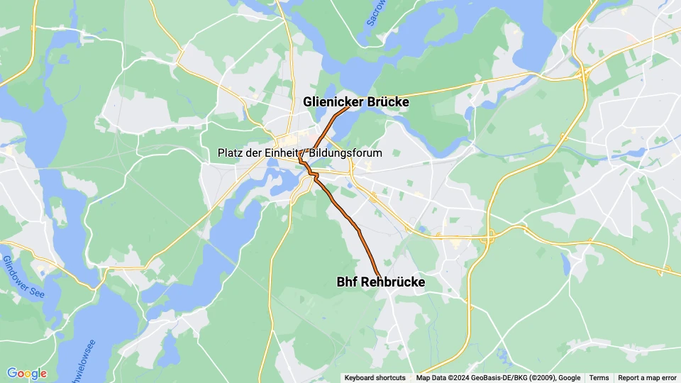 Potsdam sporvognslinje 93: Bhf Rehbrücke - Glienicker Brücke linjekort