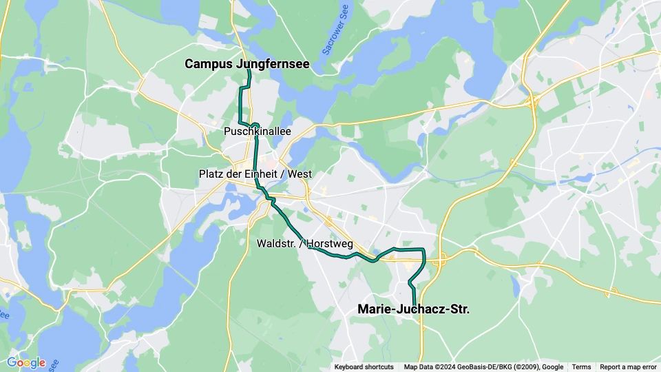 Potsdam sporvognslinje 96: Marie-Juchacz-Str. - Campus Jungfernsee linjekort