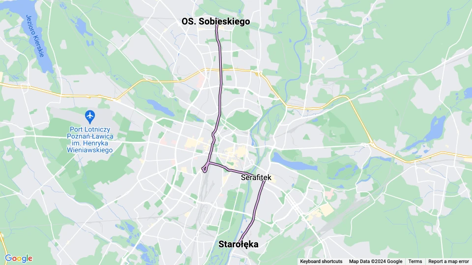 Poznań sporvognslinje 12: OS. Sobieskiego - Starołęka linjekort