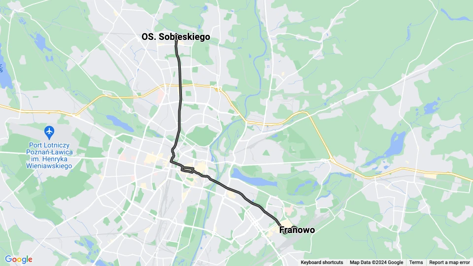 Poznań sporvognslinje 16: OS. Sobieskiego - Franowo linjekort