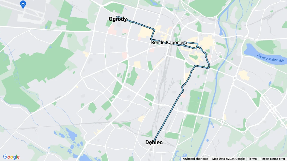 Poznań sporvognslinje 2: Dębiec - Ogrody linjekort