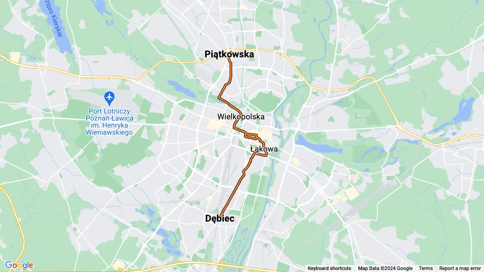 Poznań sporvognslinje 9: Dębiec - Piątkowska linjekort