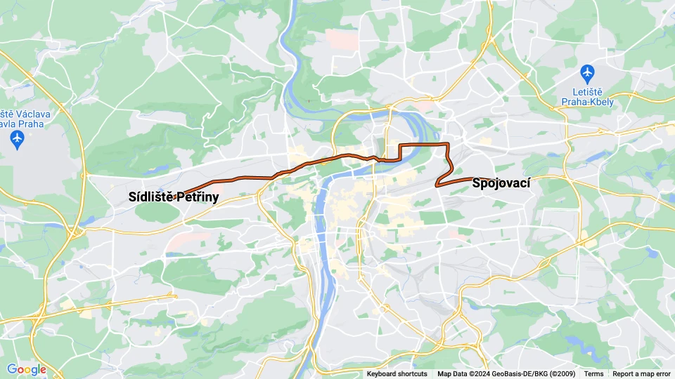 Prag sporvognslinje 1: Sídliště Petřiny - Spojovací linjekort
