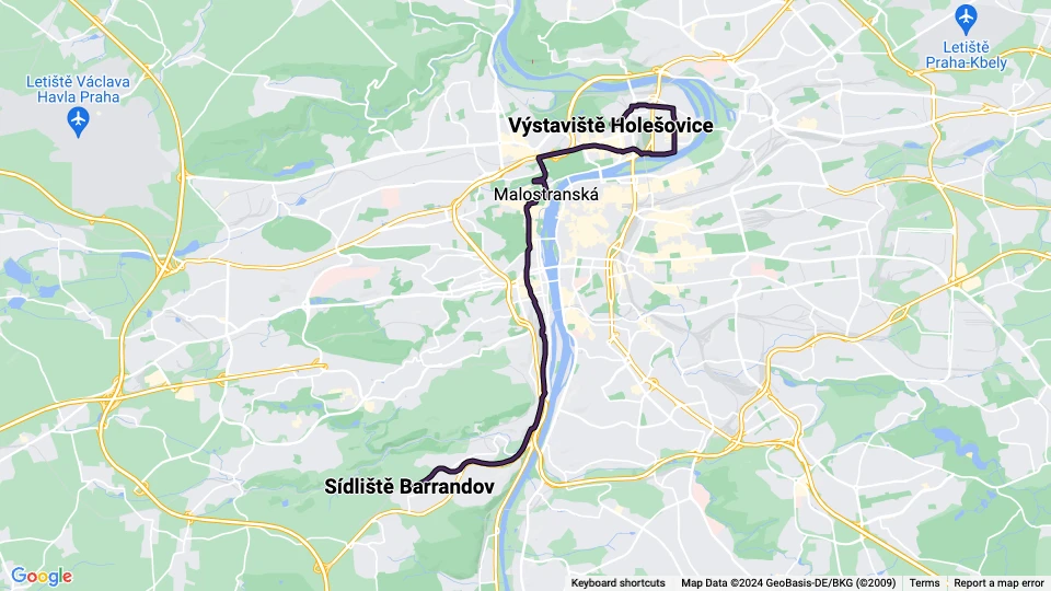 Prag sporvognslinje 12: Výstaviště Holešovice - Sídliště Barrandov linjekort