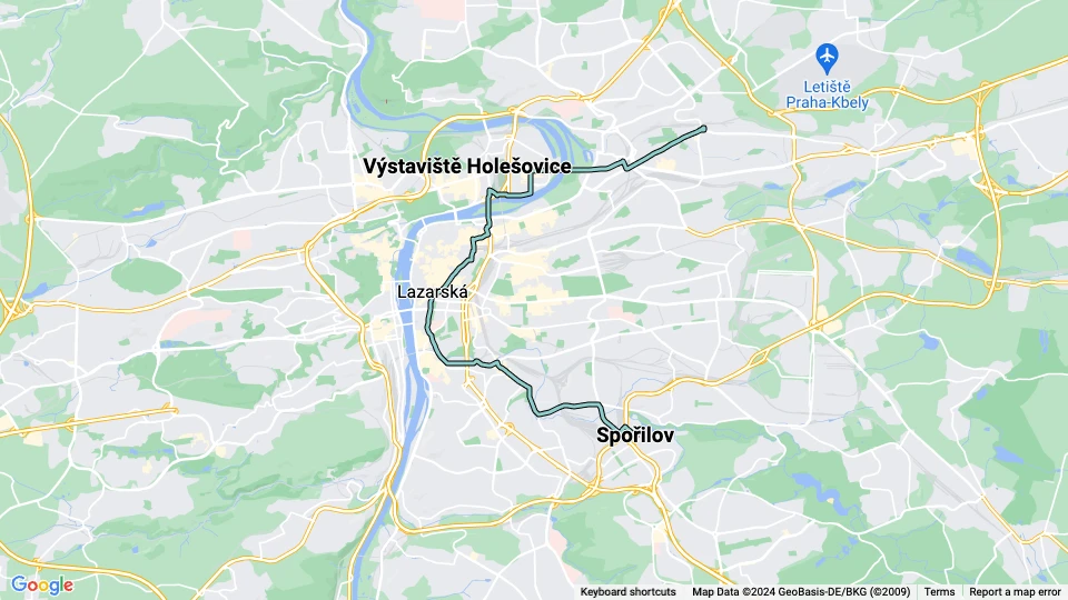 Prag sporvognslinje 14: Spořilov - Výstaviště Holešovice linjekort