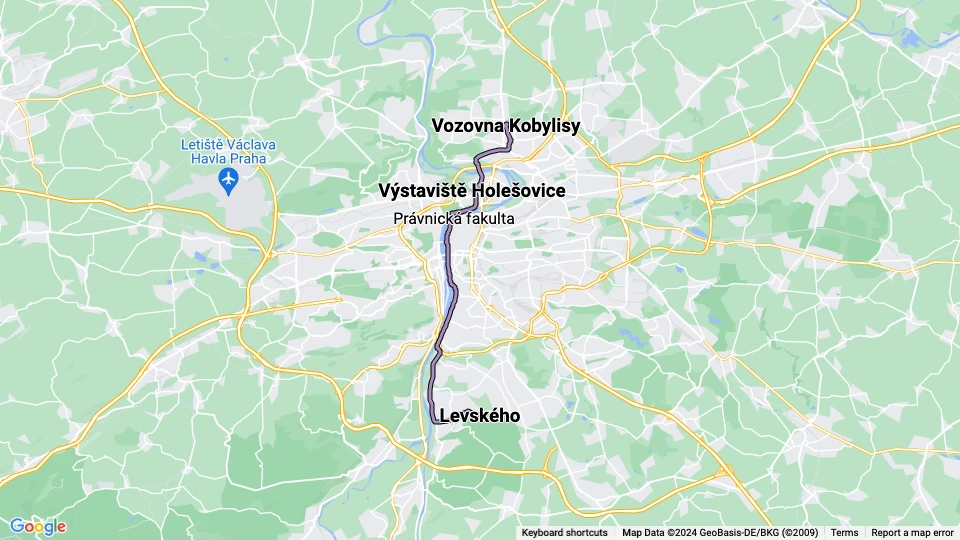 Prag sporvognslinje 17: Levského - Vozovna Kobylisy linjekort