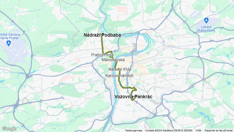 Prag sporvognslinje 18: Nádraží Podbaba - Vozovna Pankrác linjekort
