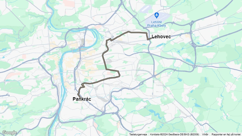 Prag sporvognslinje 19: Lehovec - Pankrác linjekort