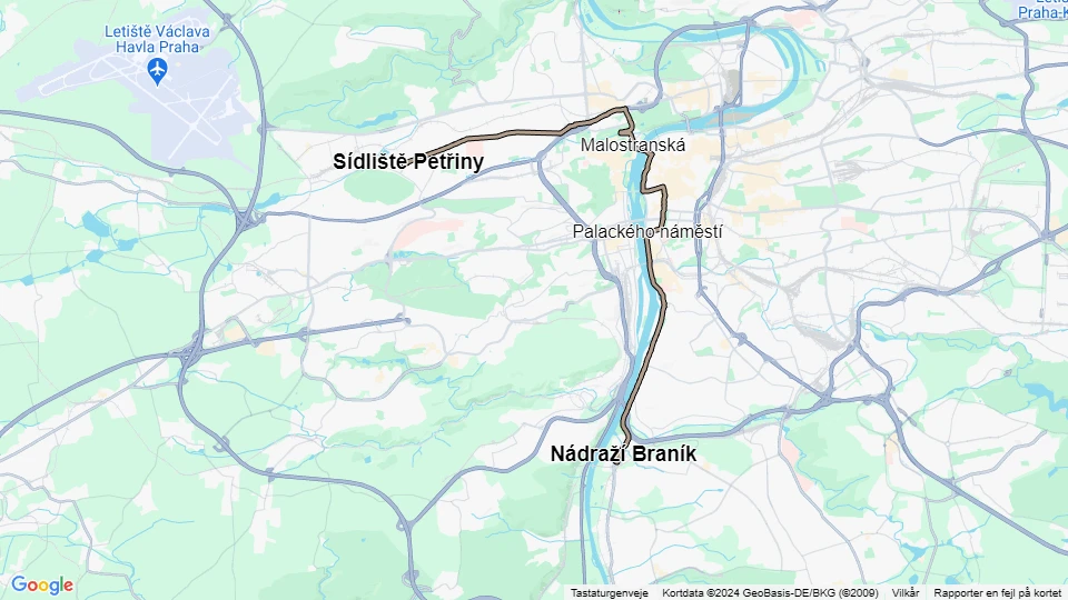 Prag sporvognslinje 2: Sídliště Petřiny - Nádraží Braník linjekort
