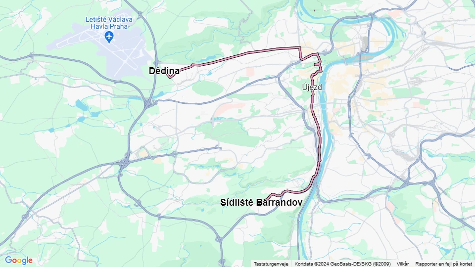 Prag sporvognslinje 20: Sídliště Barrandov - Dědina linjekort