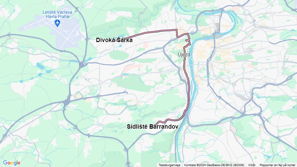 Prag sporvognslinje 20: Sídliště Barrandov - Divoká Šárka linjekort