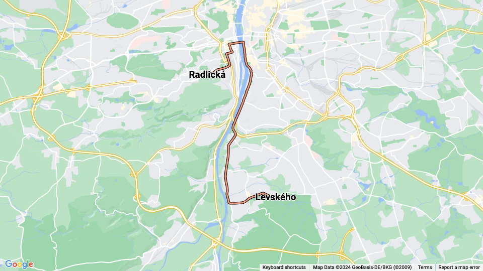 Prag sporvognslinje 21: Levského - Radlická linjekort