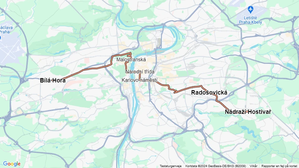 Prag sporvognslinje 22: Bílá Hora - Nádraží Hostivař linjekort