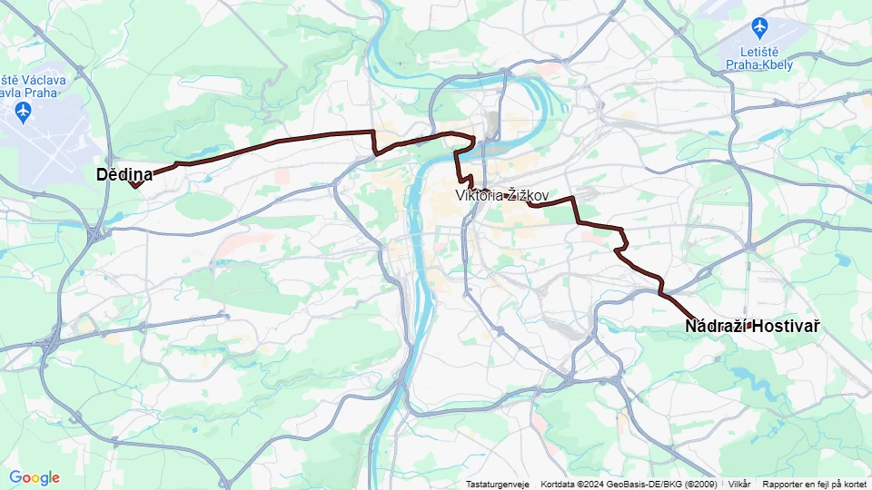 Prag sporvognslinje 26: Dědina - Nádraží Hostivař linjekort