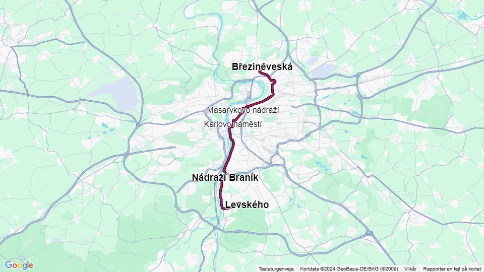 Prag sporvognslinje 3: Březiněveská - Levského linjekort