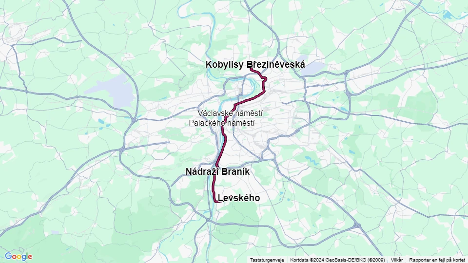 Prag sporvognslinje 3: Kobylisy Březiněveská - Levského linjekort