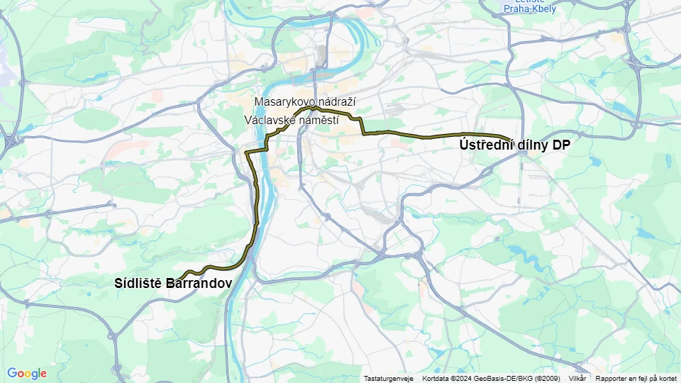 Prag sporvognslinje 5: Sídliště Barrandov - Ústřední dílny DP linjekort