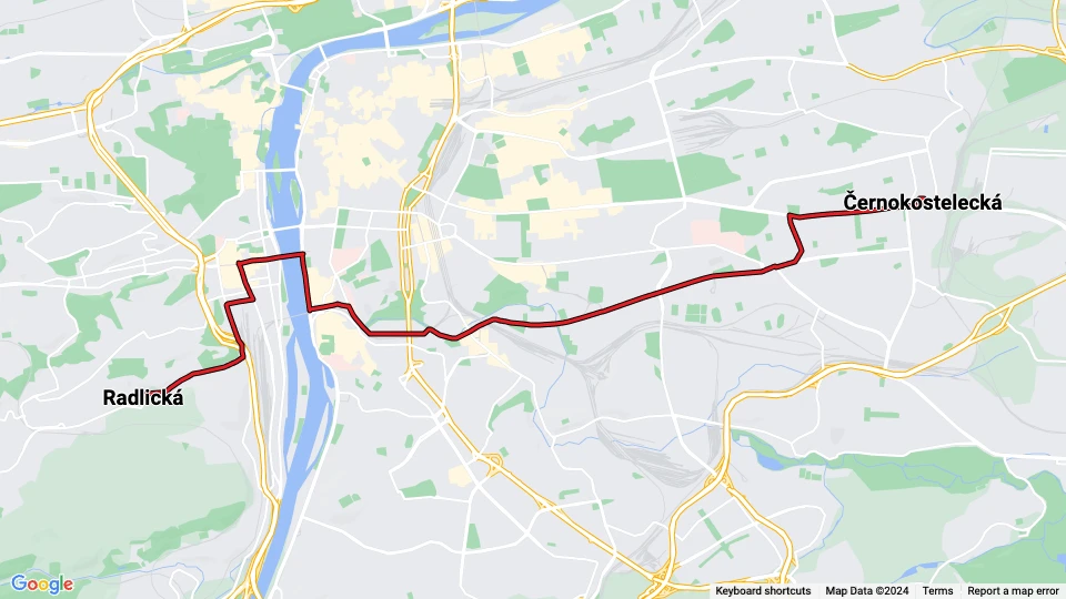 Prag sporvognslinje 7: Černokostelecká - Radlická linjekort