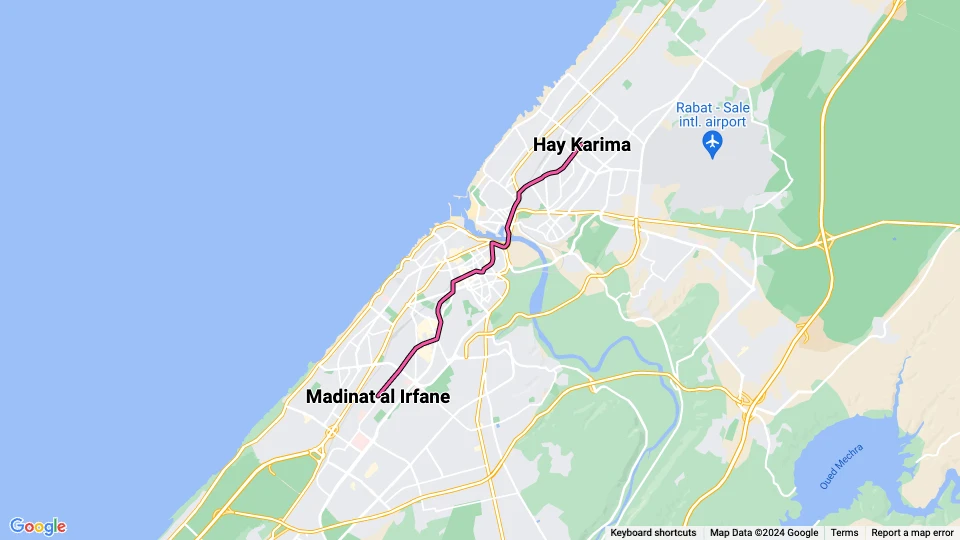 Rabat sporvognslinje L1: Hay Karima - Madinat al Irfane linjekort