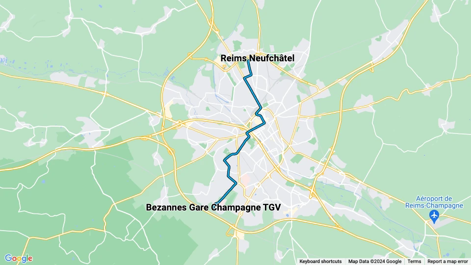 Reims sporvognslinje B: Reims Neufchâtel - Bezannes Gare Champagne TGV linjekort