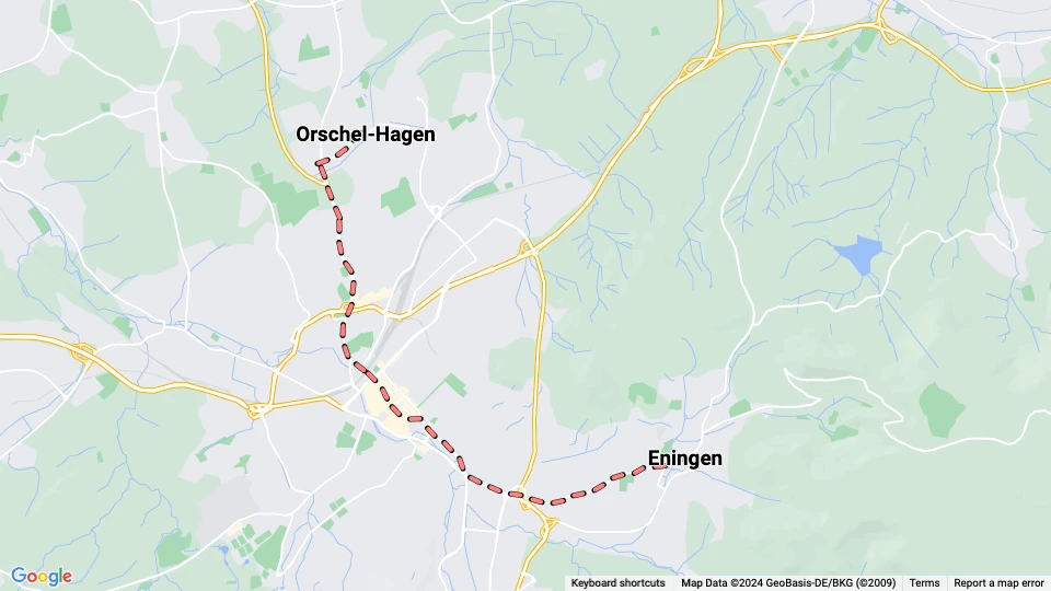 Reutlingen sporvognslinje 1: Eningen - Orschel-Hagen linjekort