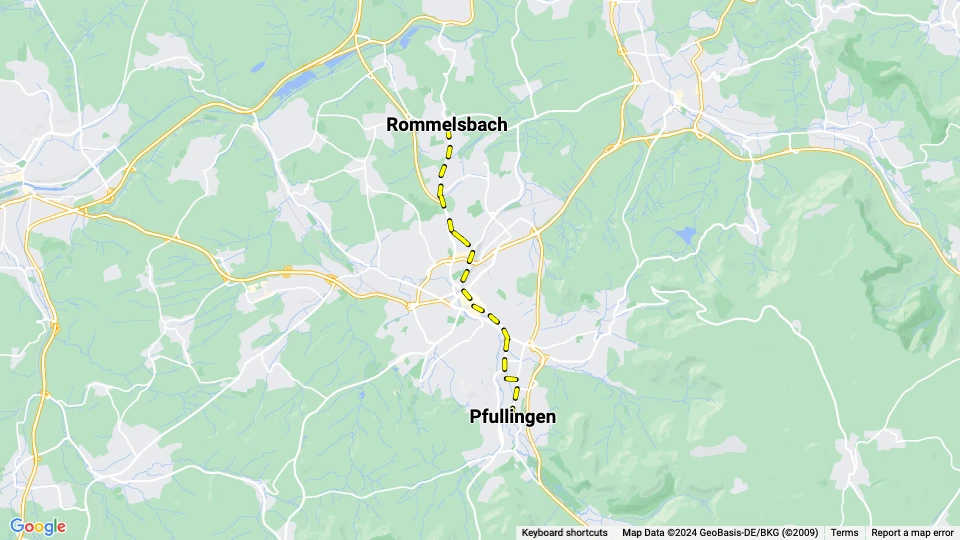 Reutlingen sporvognslinje 2: Pfullingen - Rommelsbach linjekort