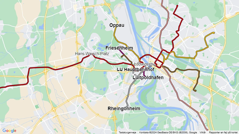 Rhein-Neckar-Verkehr in Ludwigshafen (RNV) linjekort