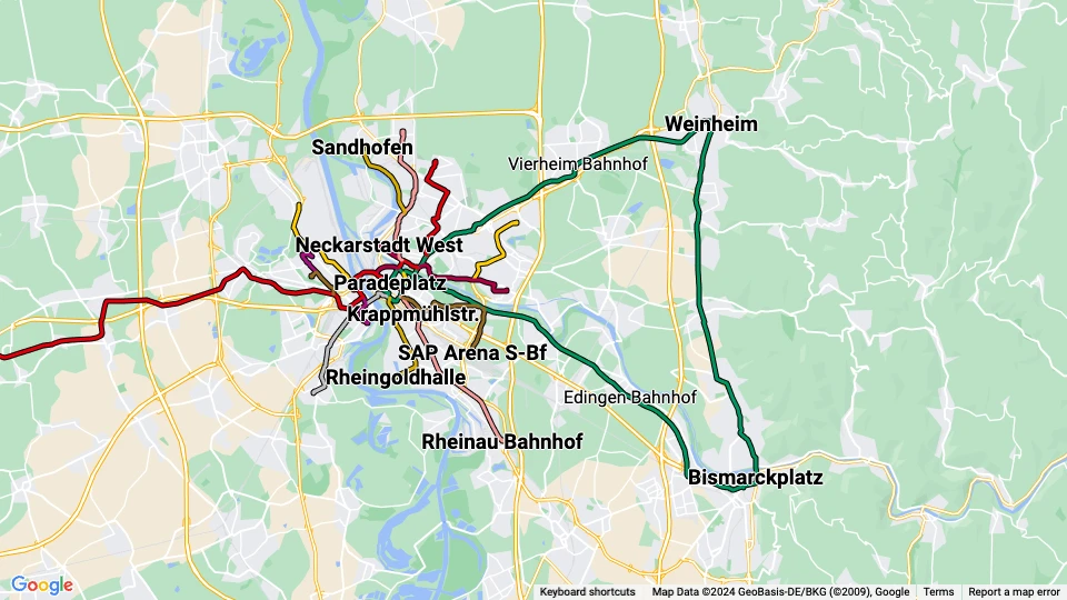 Rhein-Neckar-Verkehr in Mannheim (RNV) linjekort