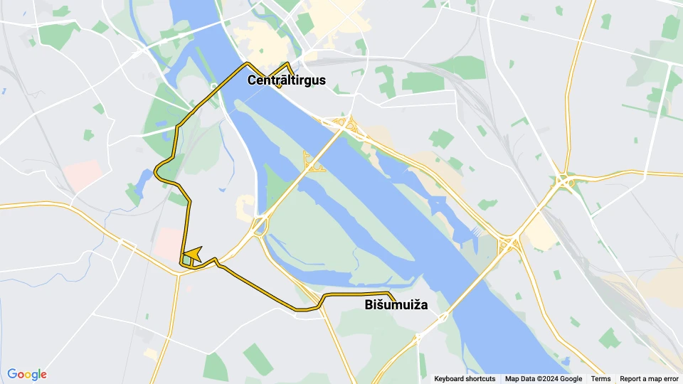 Riga sporvognslinje 10: Centrāltirgus - Bišumuiža linjekort