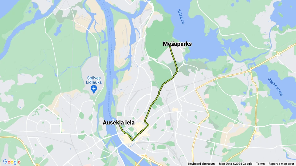 Riga sporvognslinje 11: Ausekļa iela - Mežaparks linjekort