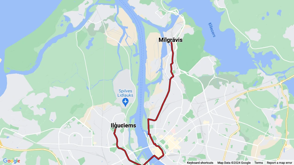Riga sporvognslinje 5: Iļģuciems - Mīlgrāvis linjekort