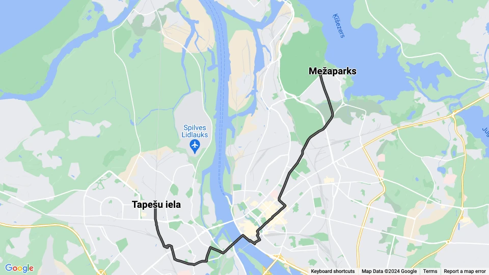 Riga sporvognslinje 8: Mežaparks - Tapešu iela linjekort