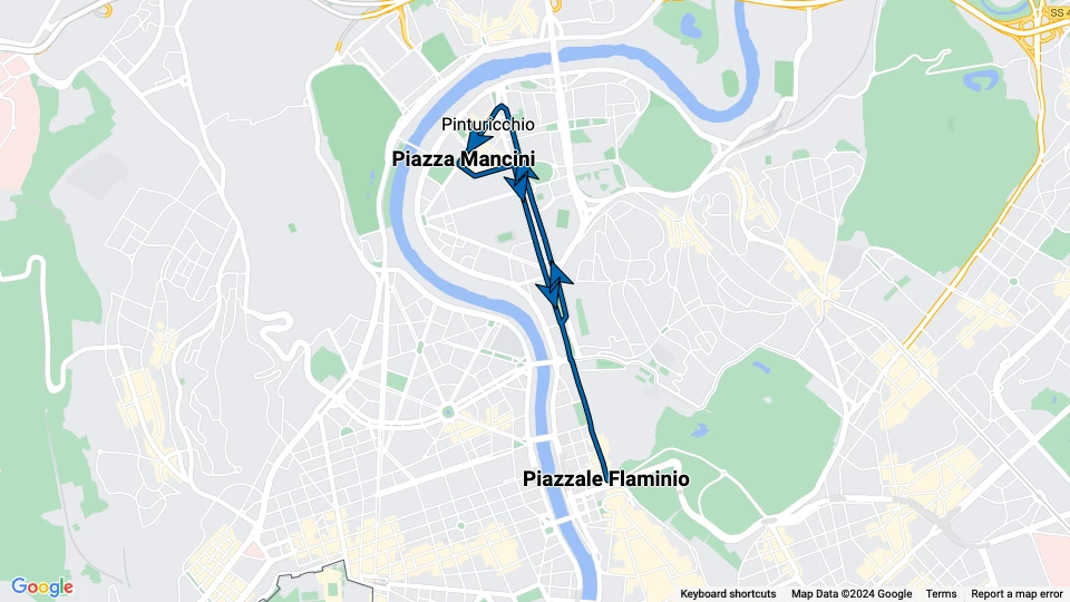 Rom sporvognslinje 2: Piazzale Flaminio - Piazza Mancini linjekort
