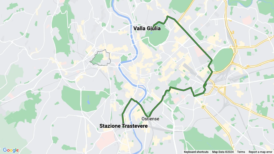 Rom sporvognslinje 3: Valla Giulia - Stazione Trastevere linjekort