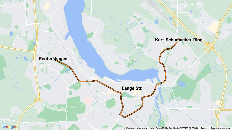 Rostock ekstralinje 2: Reutershagen - Kurt-Schumacher-Ring linjekort