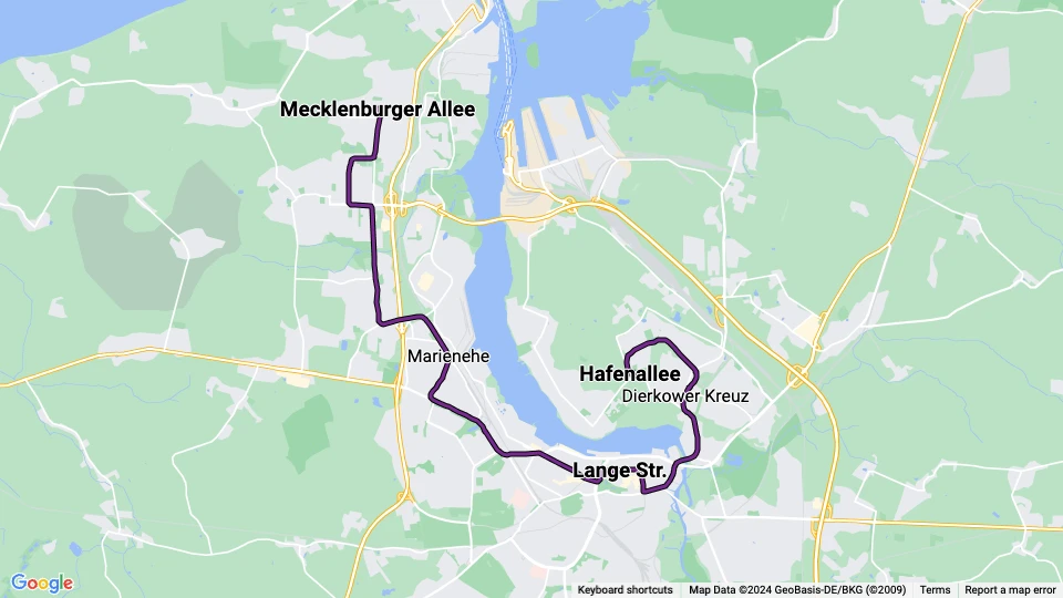 Rostock sporvognslinje 1: Hafenallee - Mecklenburger Allee linjekort