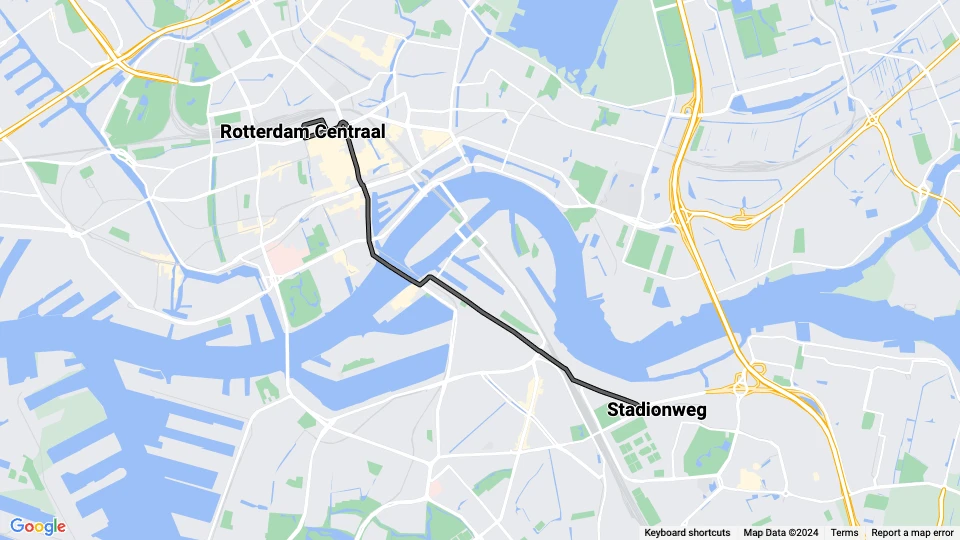 Rotterdam lejlighedslinje EM-city-tour: Rotterdam Centraal - Stadionweg linjekort