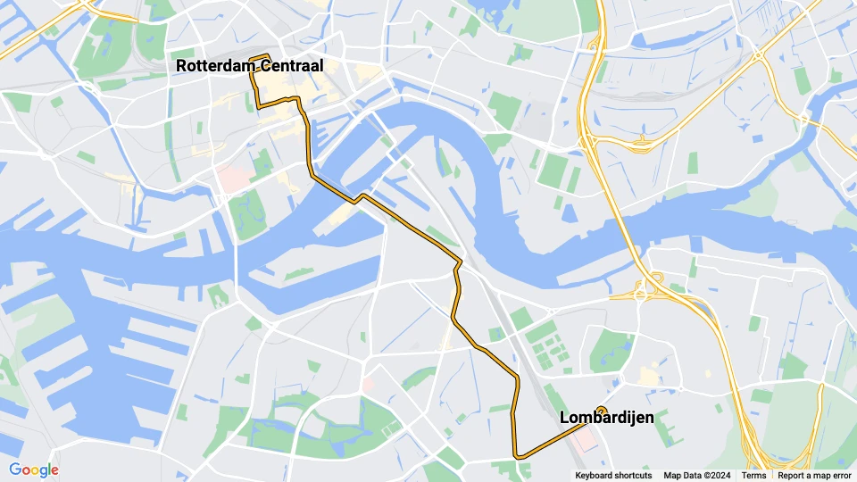 Rotterdam sporvognslinje 20: Rotterdam Centraal - Lombardijen linjekort