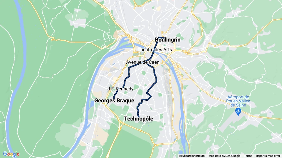 Rouen sporvognslinje M: Technopôle - Boulingrin linjekort