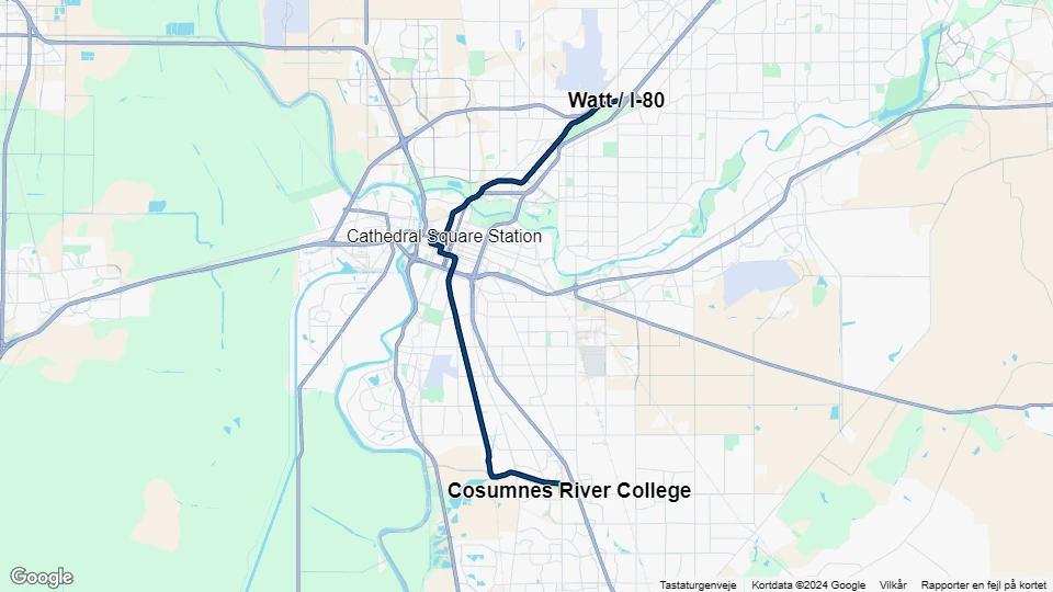 Sacramento sporvognslinje Blå: Watt / I-80 - Cosumnes River College linjekort