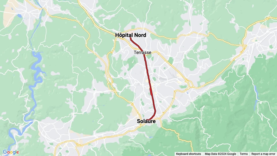 Saint-Étienne sporvognslinje T1: Solaure - Hôpital Nord linjekort