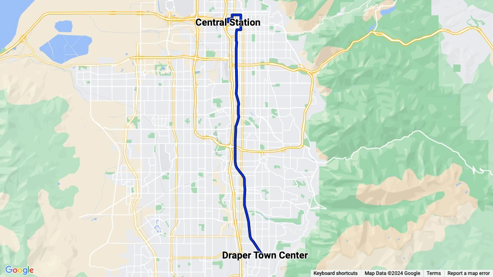 Salt Lake City regionallinje 701 Blue Line: Draper Town Center - Central Station linjekort