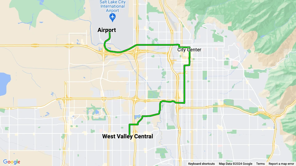 Salt Lake City regionallinje 704 Green Line: West Valley Central - Airport linjekort