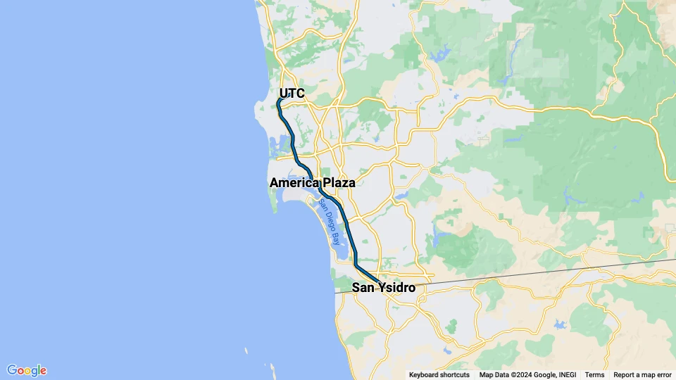 San Diego sporvognslinje Blå: UTC - San Ysidro linjekort