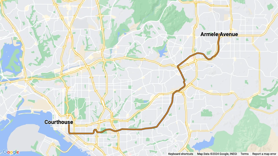 San Diego sporvognslinje Orange: Armele Avenue - Courthouse linjekort