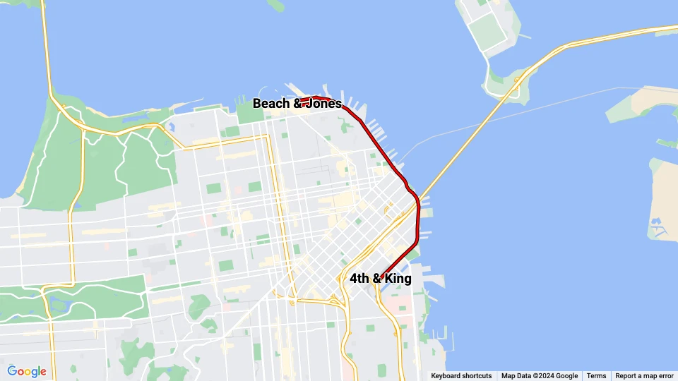 San Francisco E-Embarcadero Steetcar: 4th & King - Beach & Jones linjekort