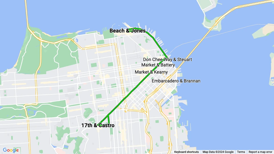 San Francisco F-Market & Wharves: Beach & Jones - 17th & Castro linjekort